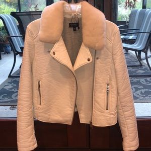 Topshop white leather motorcycle jacket with faux fur collar